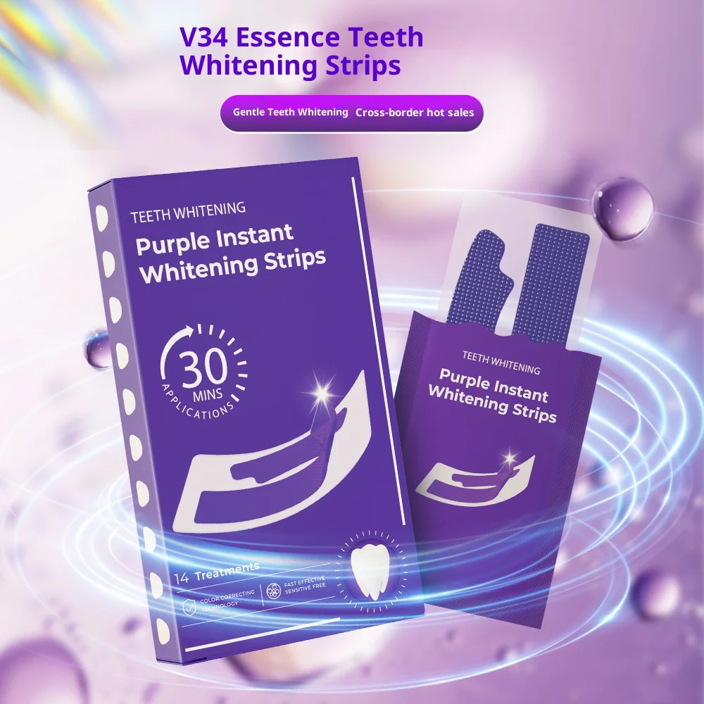 Teeth Whitening Crest - แผ่นฟอกสีฟันสีม่วง ไม่ทำให้ฟันเสียว V34 แผ่นฟอกสีฟัน แก้ไขสีฟัน แผ่นทำความสะอาดฟันทันที