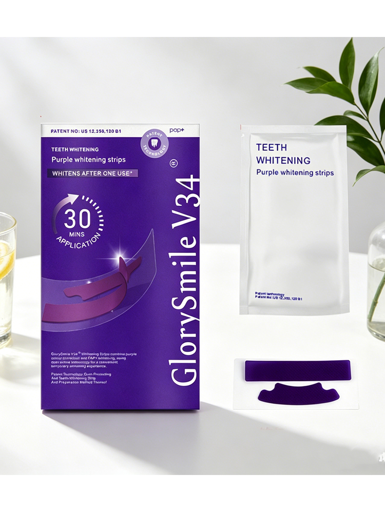 Teeth Whitening Crest - V34 แถบฟอกสีฟันสีม่วง ลมหายใจสดชื่น ขจัดคราบ สติ๊กเกอร์ฟอกสีฟัน ผลิตภัณฑ์ฟอกสีฟันแบบพกพา