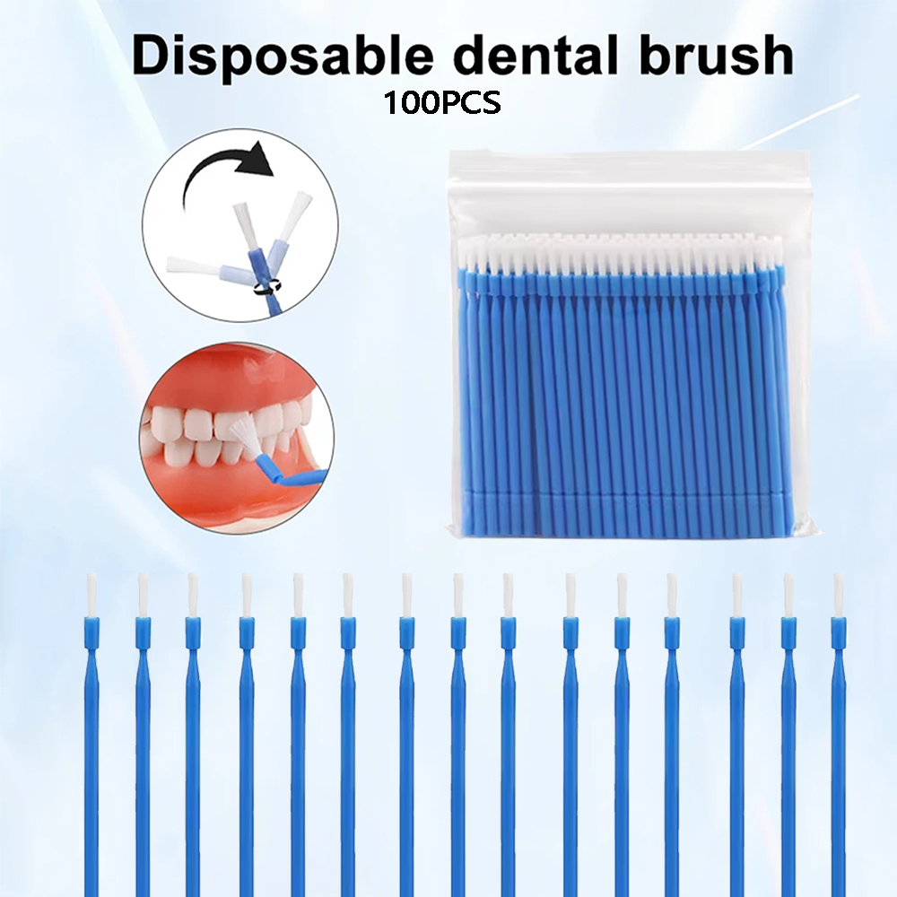 Whitening Teeth Dentist - แปรงไมโครแบบใช้แล้วทิ้งสำหรับทันตกรรม 100 ชิ้น แปรงด้ามยาวแบบโค้งงอได้ สำหรับฟอกสีฟัน ทำความสะอาดช่องปาก