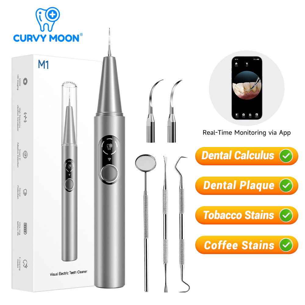 Whitening Teeth Dentist - CURVY MOON เครื่องทำความสะอาดฟันด้วยคลื่นอัลตราโซนิกแบบไฟฟ้าพร้อมกล้อง กำจัดคราบหินปูน เครื่องมือทำความสะอาดคราบฟัน การดูแลฟันขาว