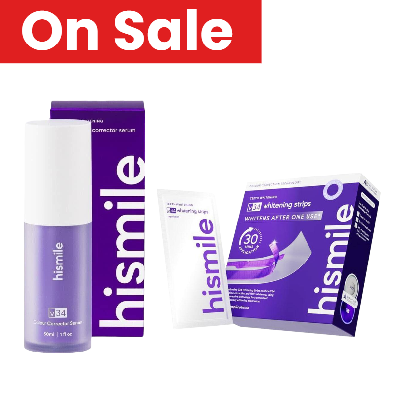 Teeth Whitening Crest - ชุดคอมโบฟอกสีฟัน Hismile V34, แผ่นฟอกสีฟันสีม่วงสำหรับขจัดคราบ & เซรั่มปรับสีฟัน,