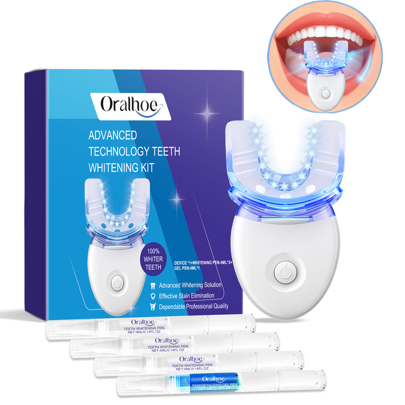 Teeth Whitening Cream - ชุดอุปกรณ์ฟอกสีฟันแบบมืออาชีพด้วยแสง LED พร้อมเจลฟอกสีฟัน 4 เท่า ระบบเร่งการฟอกสีฟันด้วยแสงสีฟ้า